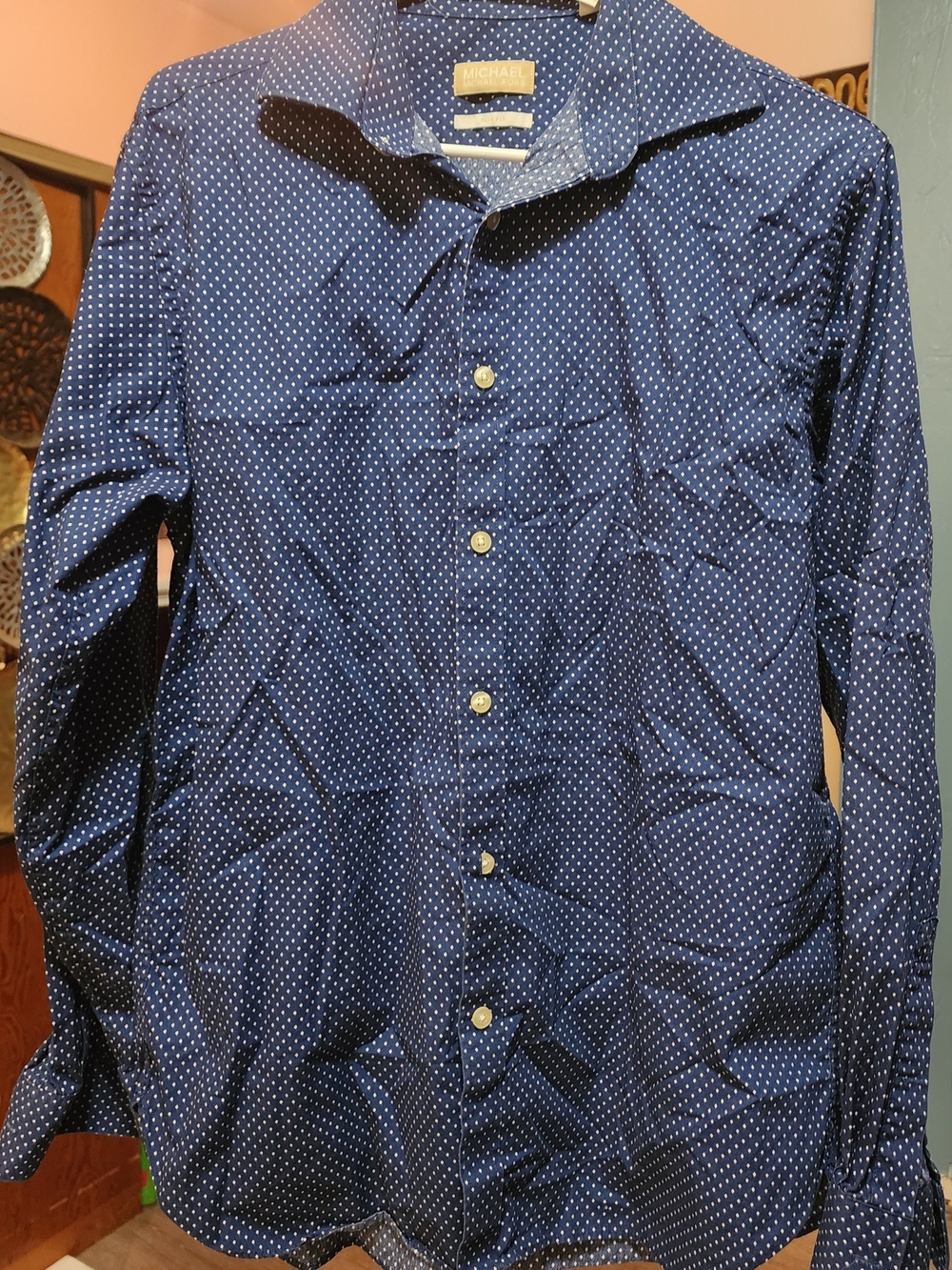 Michael Kors Men’s Navy Blue Dot Button-Down Shirt Sz Lrg